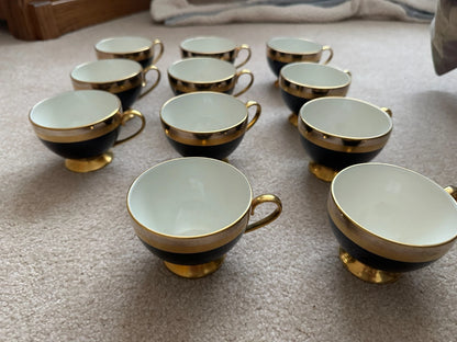 11 Gorham Midnight Contessa cups & 12 Saucers - Gold, Platinum, Black