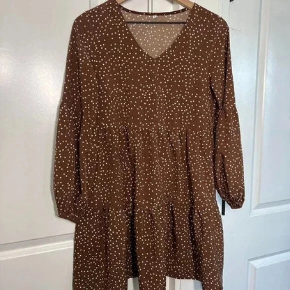 Amoretu Women's V Neck Swing Polka Dot Tunic Dress, Coffee, Small