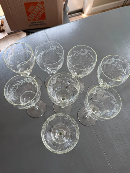8 Vintage TIFFIN Crystal Etched Daisy Optic Wine Glasses Goblets 8” Tall