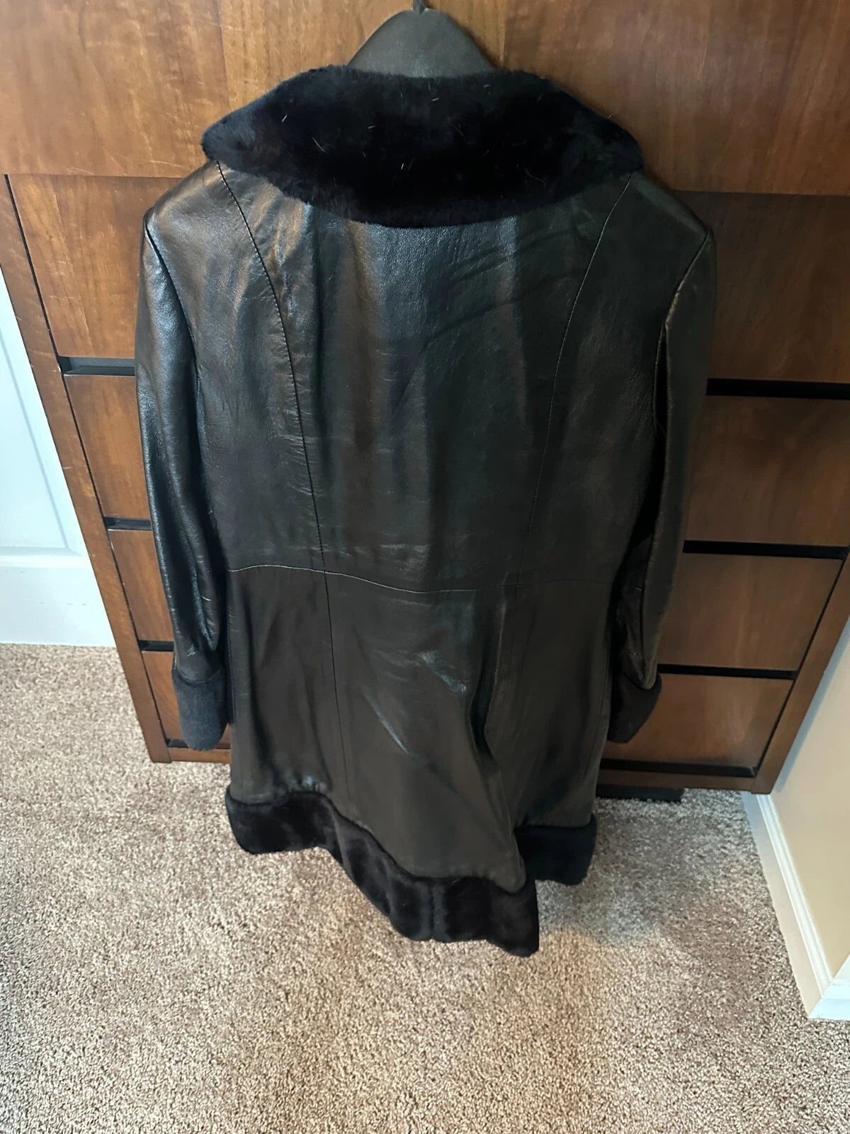 Womens Black Leather & Faux Fur Button & Loop Coat