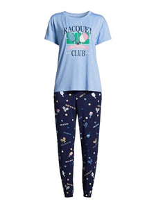 Joyspun Women's Short Sleeve Sleep Top and Jogger Pant Set, 2-Piece, Blue