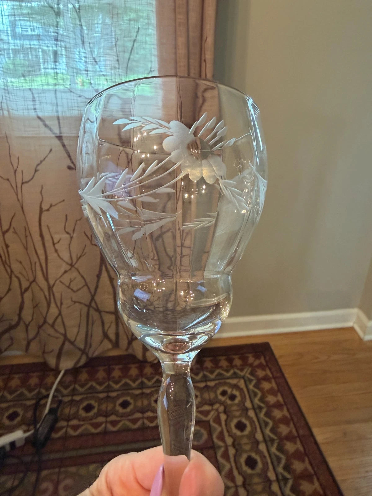 8 Vintage TIFFIN Crystal Etched Daisy Optic Wine Glasses Goblets 8” Tall