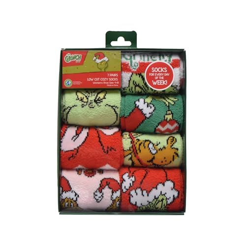 Dr Seuss Grinch Womens 7-Pack Box Set Low Cut Cozy Socks, Shoe Size 4-10