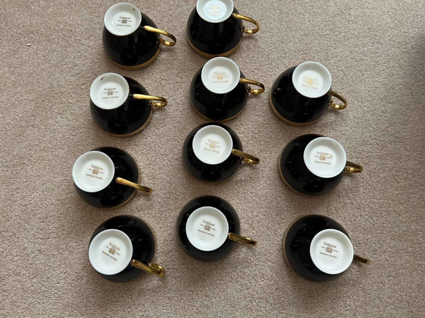 11 Gorham Midnight Contessa cups & 12 Saucers - Gold, Platinum, Black