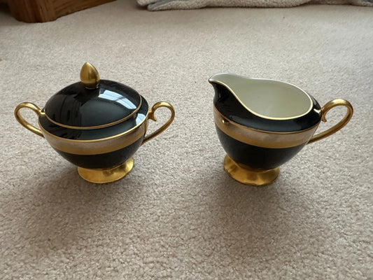 Vintage Gorham Midnight Contessa Sugar and Creamer 24kt Gold Hand Banded