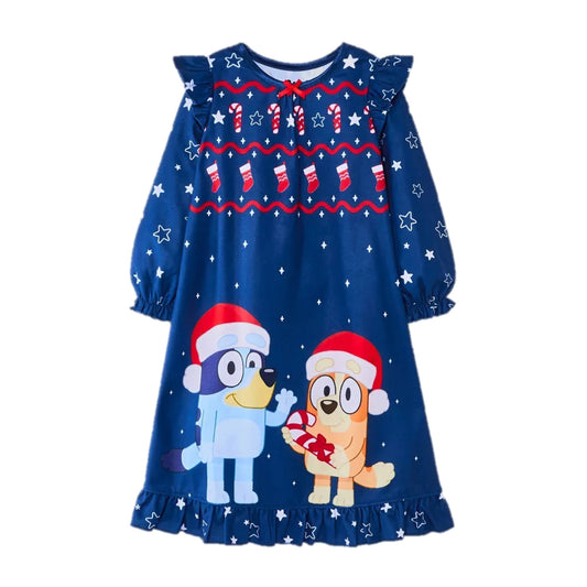 Bluey Holiday Granny Style Dorm NightGown - Navy, 2T-5T