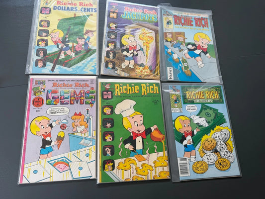 Vintage - Lot 6 Richie Rich Comic Books - 1970's and after; Stored in Plastic