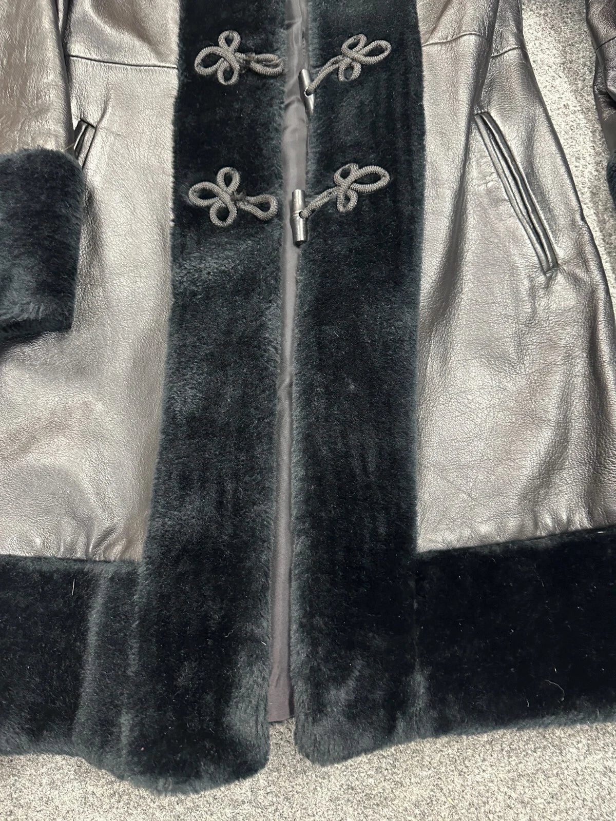 Womens Black Leather & Faux Fur Button & Loop Coat