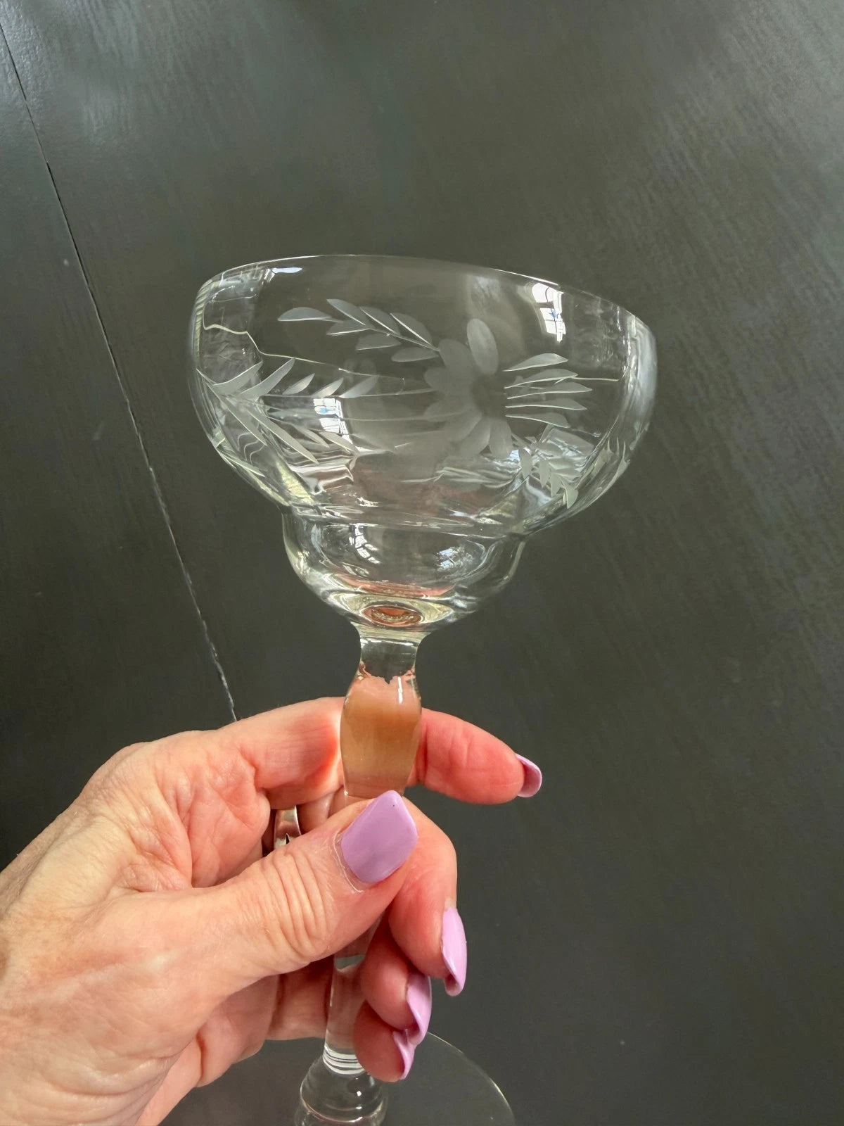 8 Vintage TIFFIN Crystal Etched Daisy Optic Champagne Glasses