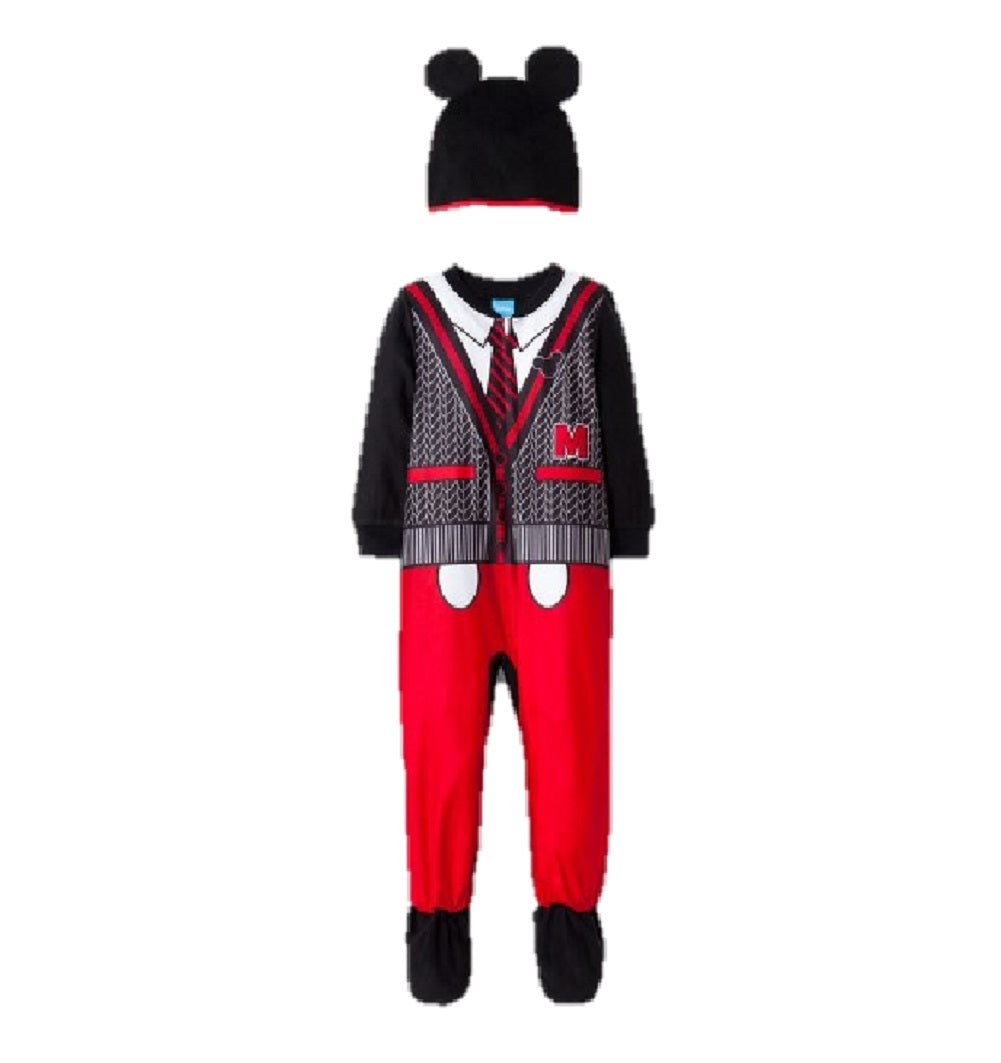Disney Mickey Mouse Red & Black Suit Fleece Footed Sleeper and Cap (3T)