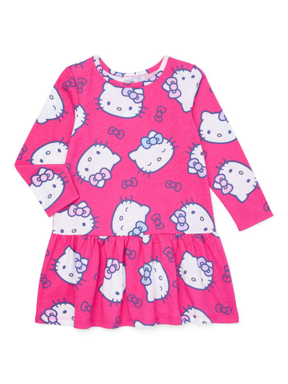 Hello Kitty Toddler Girls Print Drop Waist Dress with Long Sleeves, Sizes 12M-5T