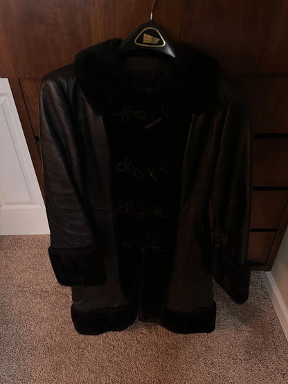 Womens Black Leather & Faux Fur Button & Loop Coat