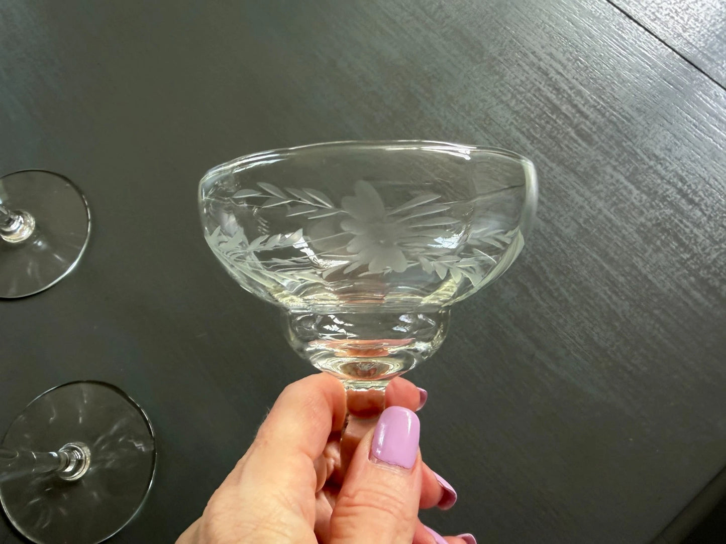8 Vintage TIFFIN Crystal Etched Daisy Optic Champagne Glasses