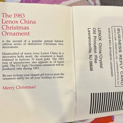 1983 Lenox ANNUAL Christmas Ornament Holly Motif w/ 24K Gold Trim + Box + Card