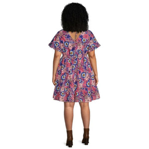 Terra & Sky Women's Plus Size Ruffled Print Dress - Retro Floral/Lilac Bud, 5X New