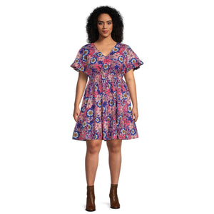 Terra & Sky Women's Plus Size Ruffled Print Dress - Retro Floral/Lilac Bud, 5X New