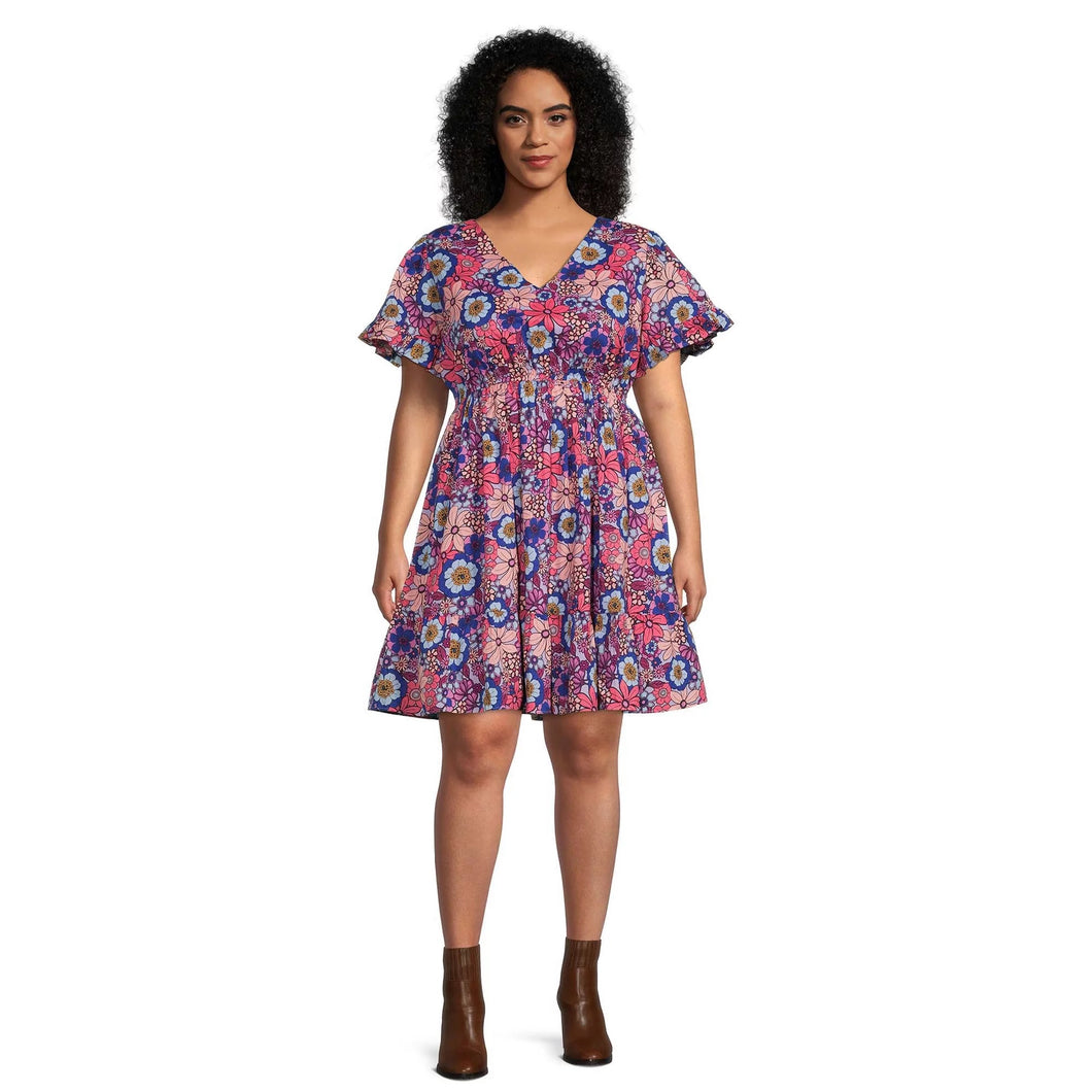 Terra & Sky Women's Plus Size Ruffled Print Dress - Retro Floral/Lilac Bud, 5X New