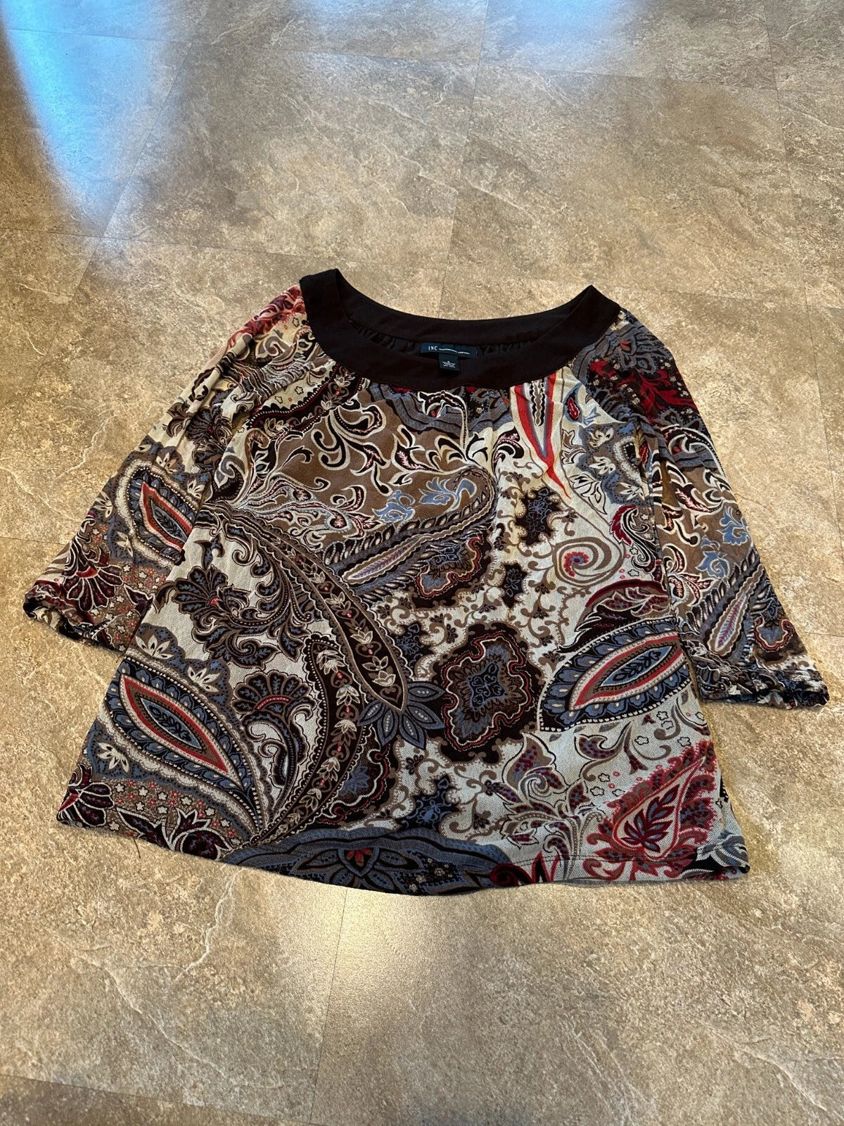 INC Int'l Concepts Womens Scoop Neck Brown Floral Sheer Lined Top - Size Small