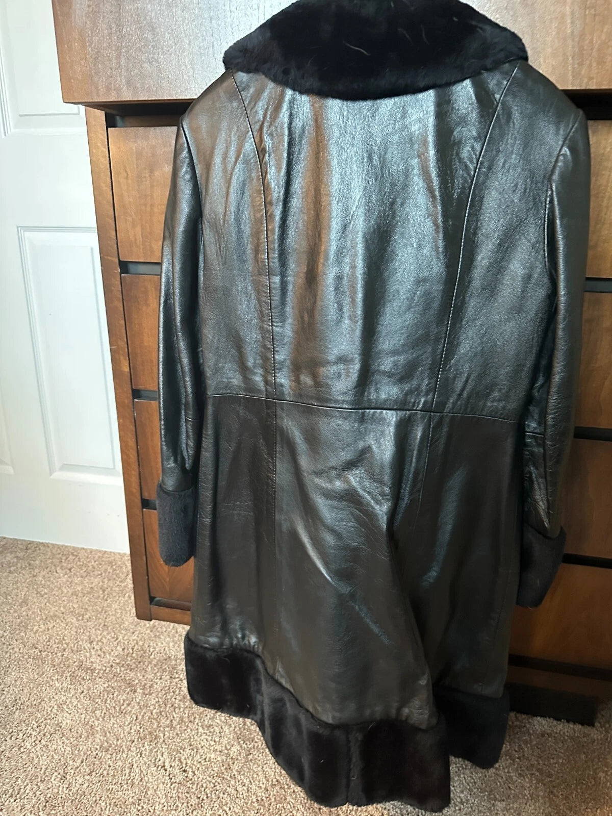 Womens Black Leather & Faux Fur Button & Loop Coat