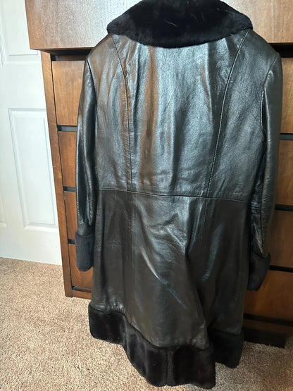 Womens Black Leather & Faux Fur Button & Loop Coat