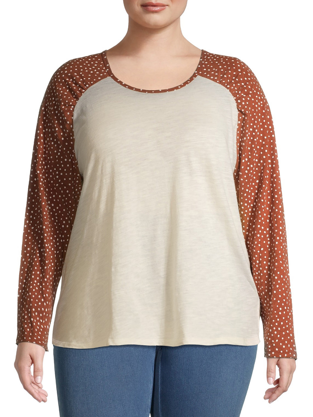 Women's Plus Size Crewneck Dot Print Baseball T-Shirt with Long Sleeves New