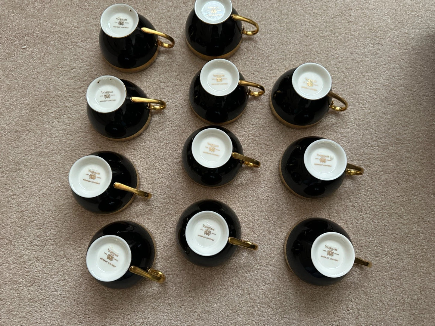 11 Gorham Midnight Contessa cups & 12 Saucers - Gold, Platinum, Black