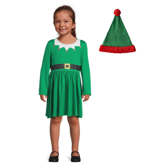 Holiday Time Girls Santa or Elf Dress + Hat, Sizes 12M-5T