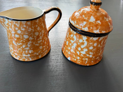 Stangl Town & Country Orange Spongeware Covered Sugar Bowl & Creamer Set