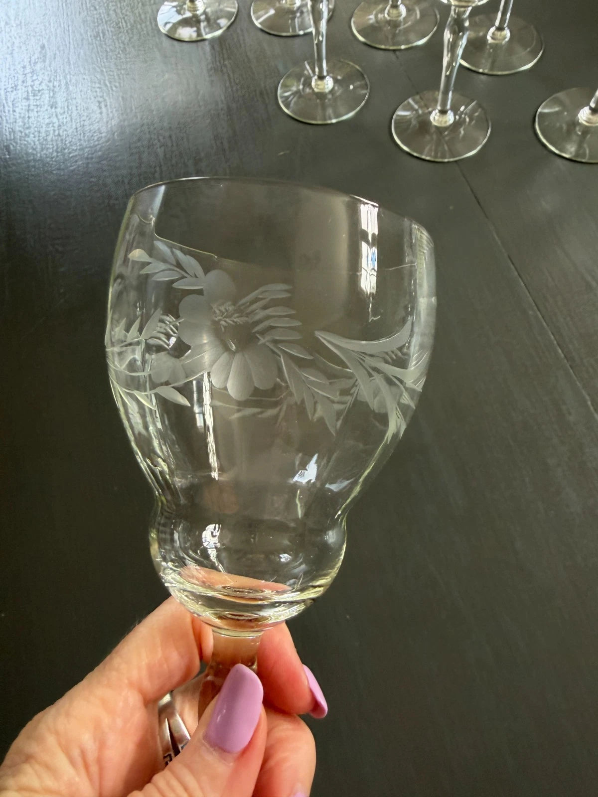 8 Vintage TIFFIN Crystal Etched Daisy Optic Wine Glasses Goblets 8” Tall