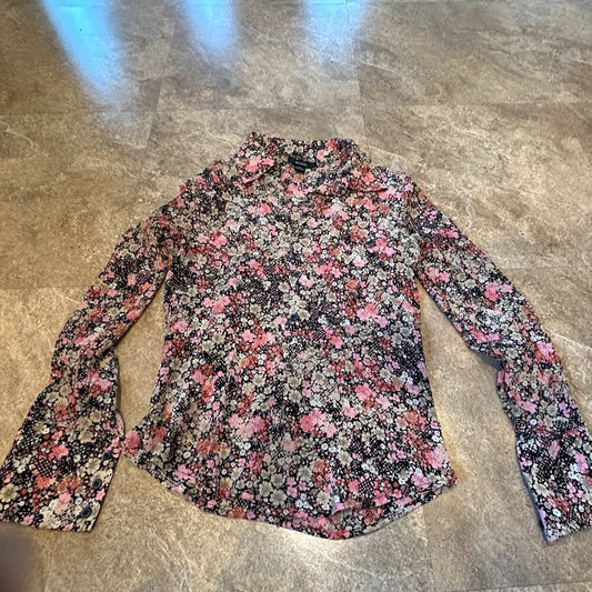 Alfani Vibrant Multi Colored Collared Floral Print Button Up Blouse Size 2