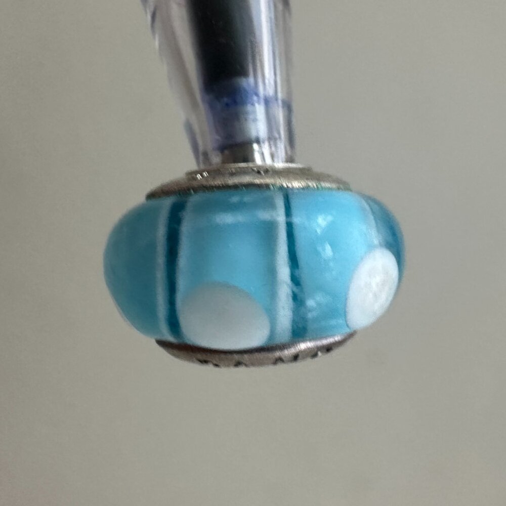 Blue White Circle Murano Glass Bead - Fits most Pandora or Troll Style Bracelet