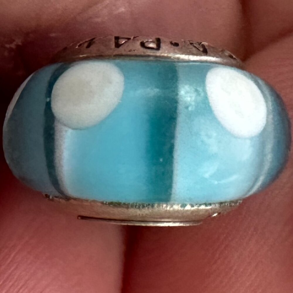 Blue White Circle Murano Glass Bead - Fits most Pandora or Troll Style Bracelet