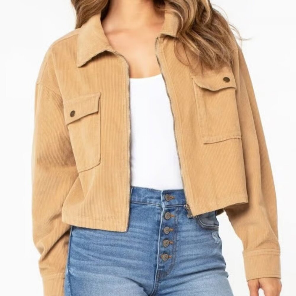Celebrity Pink Cropped Corduroy Zip Up Jacket - Beige/Tan - Small