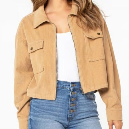 Celebrity Pink Cropped Corduroy Zip Up Jacket - Beige/Tan - Small