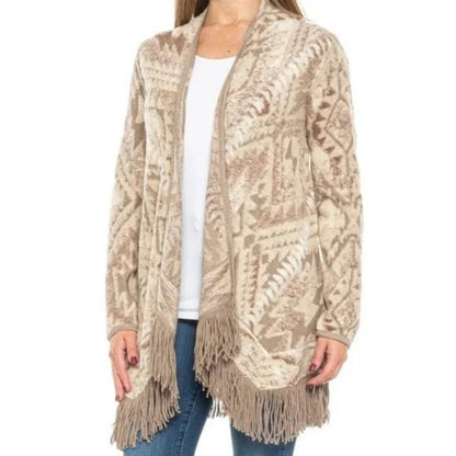 Lucky Brand Beige Patterned Sweater with Fringe on Bottom - Med