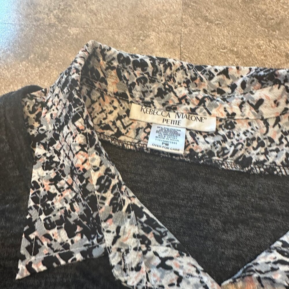 Rebecca Malone Petite Sweater - Grey with Pink Black Abstract Faux Blouse - PM