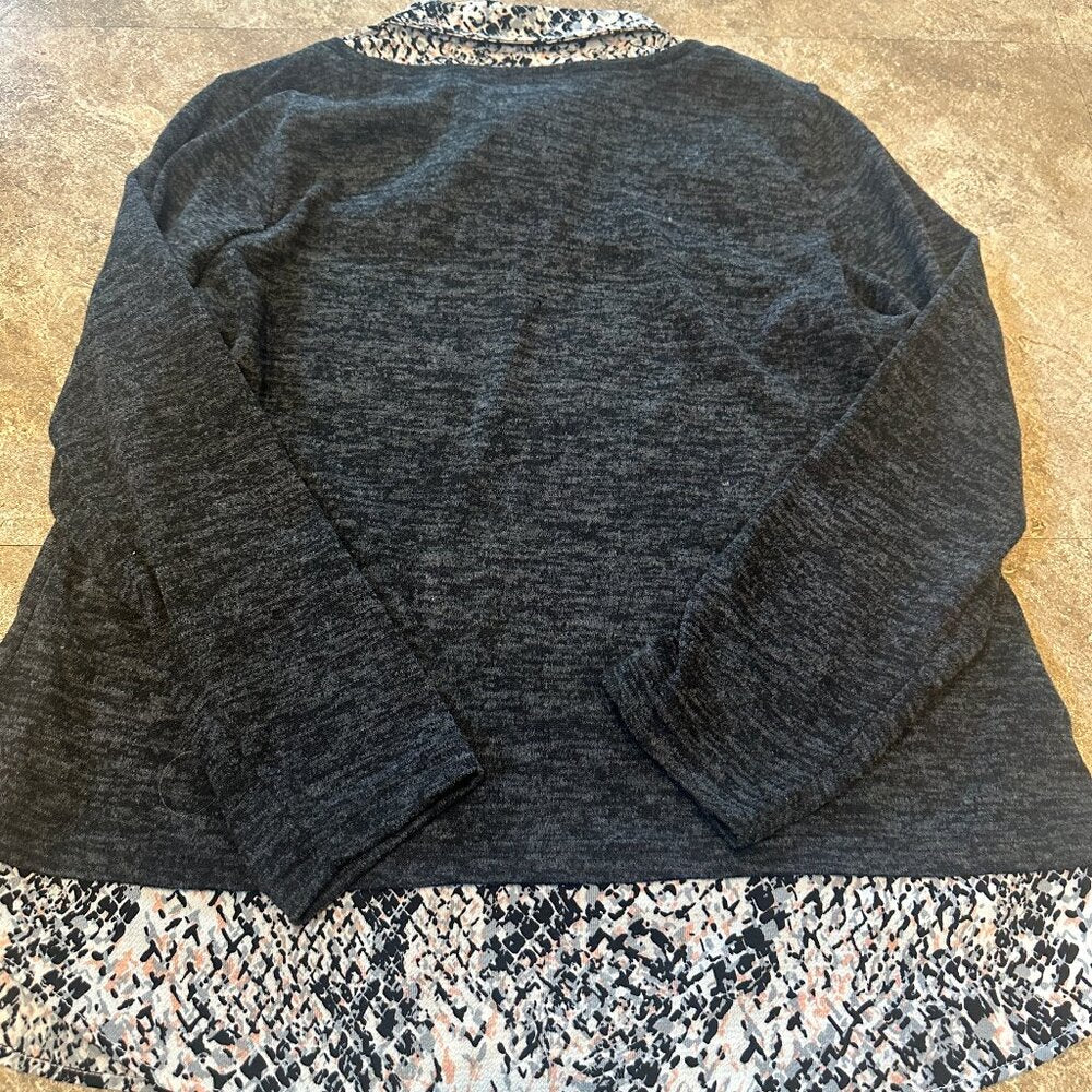 Rebecca Malone Petite Sweater - Grey with Pink Black Abstract Faux Blouse - PM