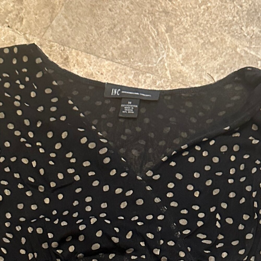 INC International Concept Black & Brown Polka Dot Sheer Overlay VNeck Shirt - M