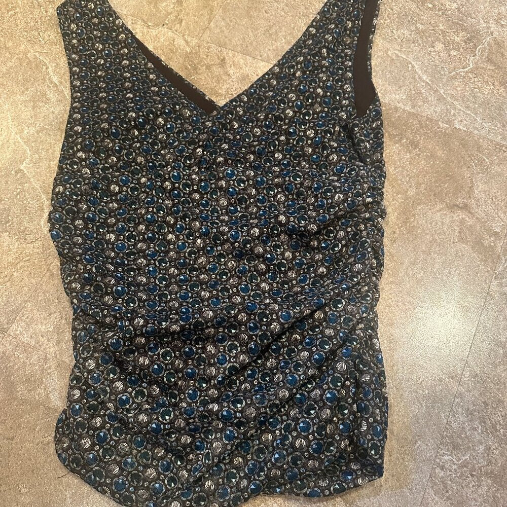 Kenth Cole V Neck Ruch Sided Brown & Blue Tank Top Lined - Small - EUC