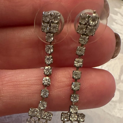 Vintage Costume Jewelry - Dangling 3 Row Rhinestone Post Earrings Retired - EUC