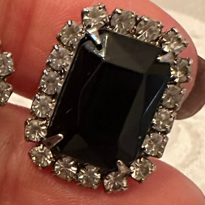 Costune Jewelry - Black Emerald Square Cut Post Earrings with Rhinestones EUC