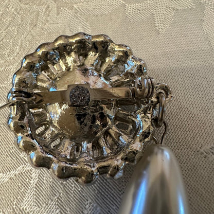 Vintage Costume Jewelry -Pearl Rhinestone Drop Brooch Pin - EUC