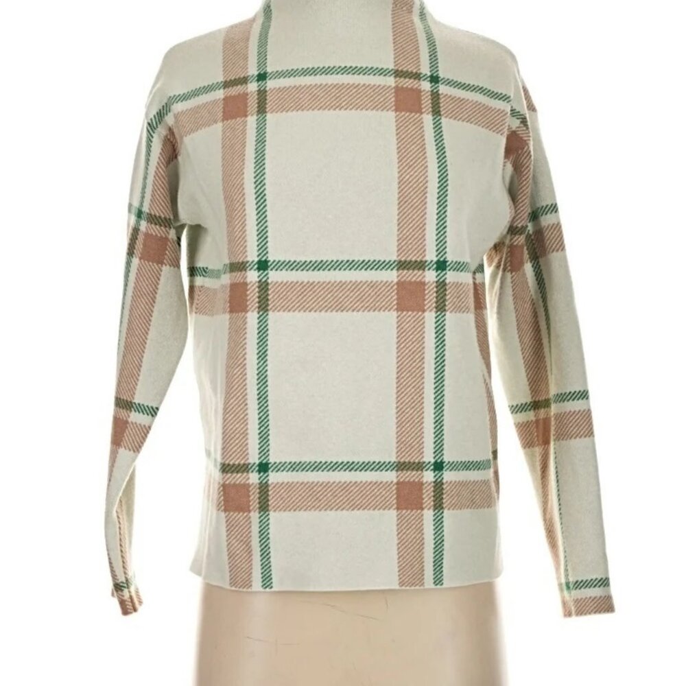 TAHARI Sweater high neck green white plaid - Small - EUC