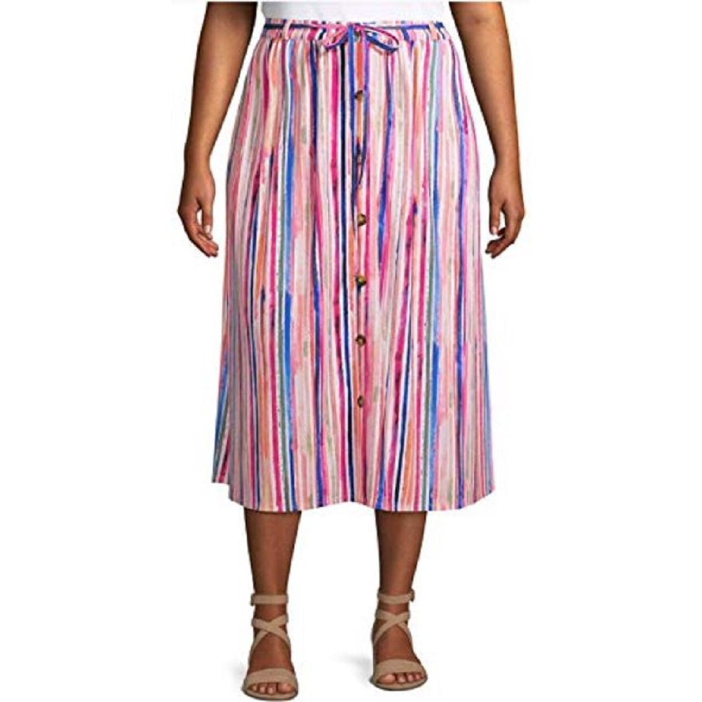 Terra & Sky Water Color Stripe Plus Size Button Front Maxi Skirt - 0X