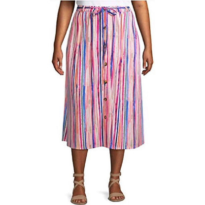 Terra & Sky Water Color Stripe Plus Size Button Front Maxi Skirt - 0X